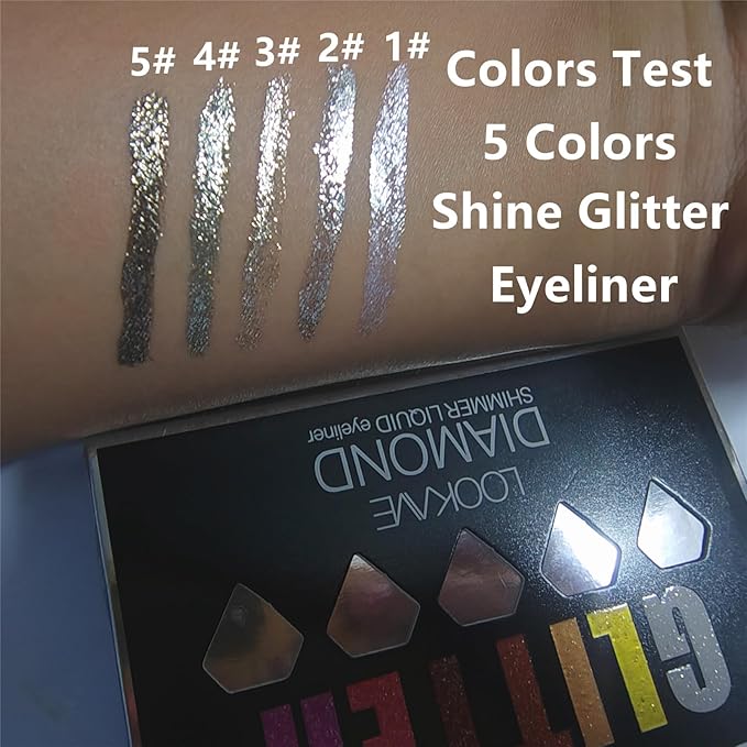 Go Ho Glitter Eyeliner Colorful Set,5 Colors Metallic Shimmer White Silver Brown Diamond Shine Eye Liner,Glitter Eyeshadow,Waterproof Long Lasting Glow Sparkle Eye Makeup