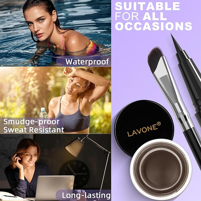 LAVONE Eyeliner Set - Waterproof Makeup Kit with Liquid Eye Liner Pencil, Gel Eyeliner and Angled Eye Liner Brush, Waterproof, Smudge Resistant, Long Lasting Formula - Dark Coffee