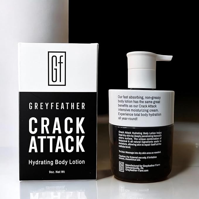 Greyfeather Crack Attack Hydrating Body Lotion for Dry Cracked Skin – Fast Absorbing, Mint Scented, Non-Greasy Moisturizer with Aloe, Shea Butter – Heals Hands, Feet, Elbows, Full Body Repair
