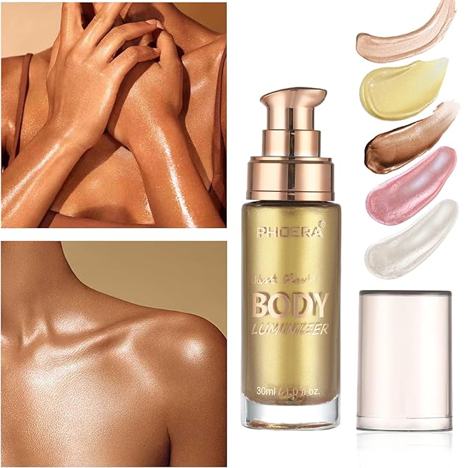 Body Shimmer Oil, Metallic Gold Natural Glow Luminizer, Long Lasting Moisturizing Liquid Illuminator Highlighter Makeup for a Sun-Kissed Glow, Brush Include, 1oz, Light