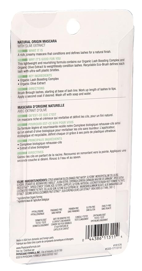Physicians Formula Organic Wear Lash-Boosting All Natural Mascara, Lifts, Lengthens, For Sensitive Eyes, Dermatologist Tested - Natural Origin Black
