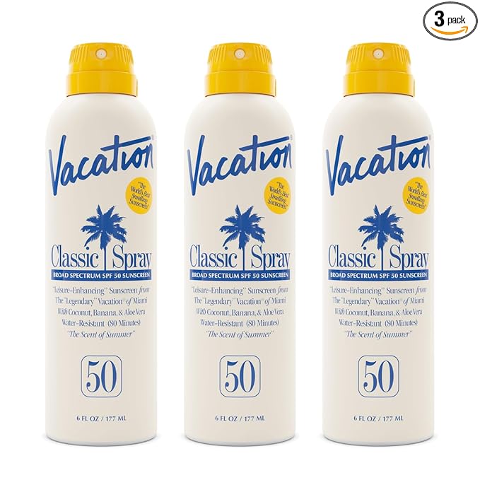 Vacation Classic Sunscreen Spray SPF 50, Water-Resistant, Lightweight, Transparent on All Skin Tones, Dermatologist-Tested, Vegan, 6 Fl. Oz. (Value Pack of 3)
