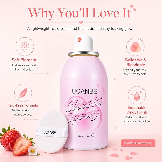 UCANBE Blush Spray with Puff, Hydrating Liquid Blush Mist for Cheeks - Soft Pigmented Buildable Blendable Breathable Blush, Healthy Dewy Glow Finish, Talc-Free, 02 Strawberry (1.16 oz)