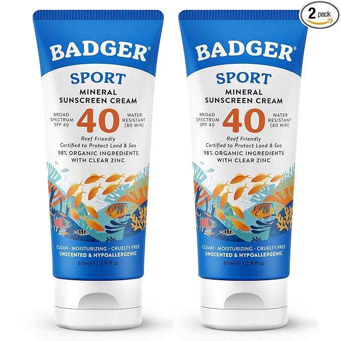 Badger Sport Mineral Sunscreen, Reef Safe, SPF 40, 98% Organic with Zinc Oxide, Water Resistant, Hawaii Reef Act 104 Compliant, Unscented & Hypoallergenic, For Sports & Adventures, 2.9 fl oz, 2-Pack