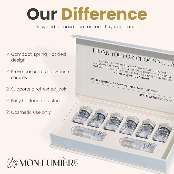 Mon Lumiere Micro Infusion System for Face – Gold Spring-Loaded Facial Stamp with PDRN & Peptides – At-Home Skincare Kit for Glow, Smoother-Looking Skin & Visible Radiance – 6 Single-Dose Serums