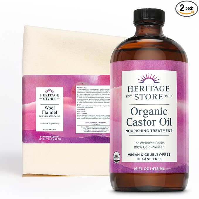 HERITAGE STORE Organic Castor Oil Pack Wrap Kit - Soothing Castor Oil Packs, Heat Compress for Abdomen, Joints, Overall Health - 16oz Cold Pressed Organic Castor Oil and 12 x 27 in. Wool Flannel Cloth