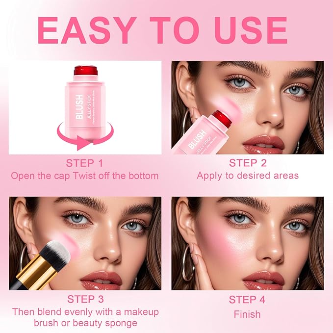 2 Pcs Jelly Blush Contour Stick for Cheeks Eyes Lips Lightweight Dewy Finish Blush Stick Waterproof Long Lasting Contour Trio Wand Face Makeup Set for Wome (2PCSA（1+4）)