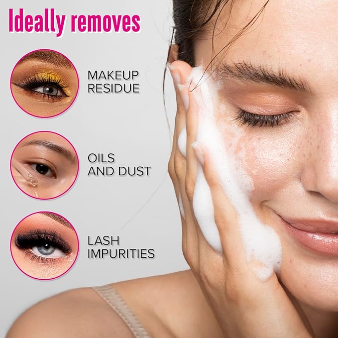 STACY LASH Lash Shampoo 50ml Kit Foaming Cleanser with Eye Lash Spoolies & Rinse Bottle & Cleansing Pad & Brush for Eyelash Extensions & Clusters & Natural Eyelashes