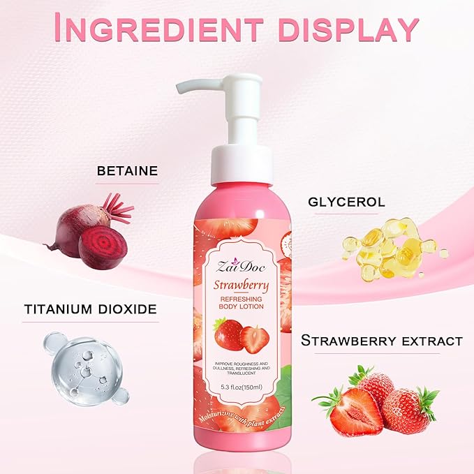 Body Lotion, 24hr Moisturizing & Deep Hydration, Absorbs Instantly Moisturizer for All Skin Types, 5.3 fl oz (1 Pack, Strawberry)