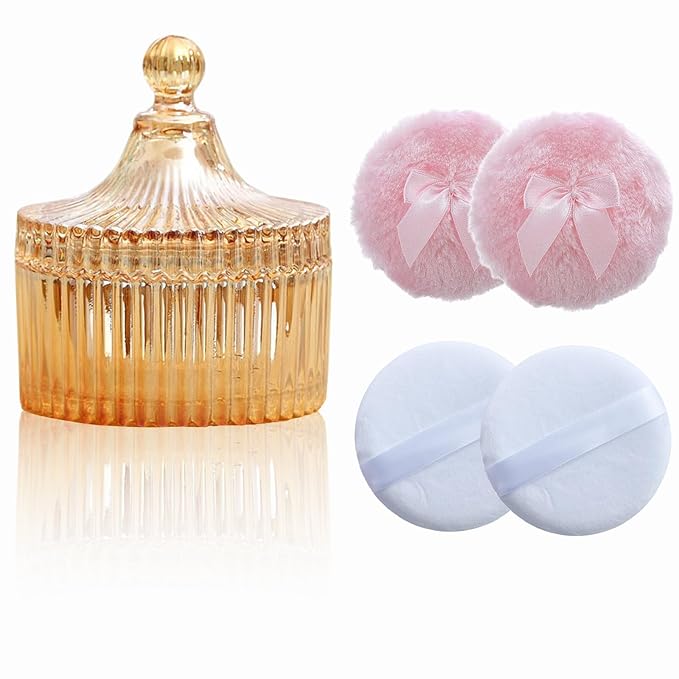 5 Pieces Large Body Powder Puff and Powder Container, Crystal Case for Dust Puff, Powder applicator with Box for Face and Body (Amber, Yurt)