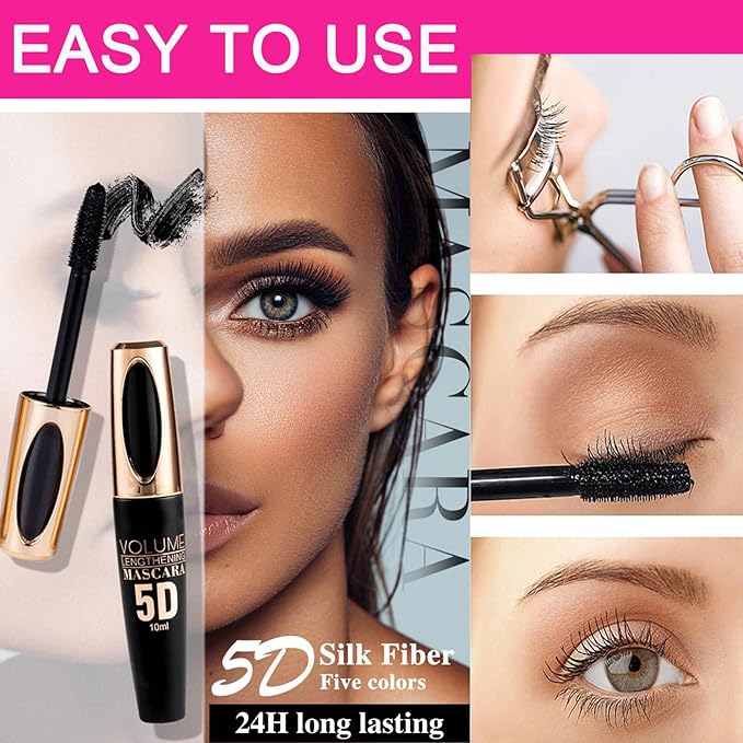Blue Waterproof Mascara for Eyelashes - 5D Silk Fiber Lash, Long Lasting, Smudgeproof, Lengthening, Defining, Curling, Volumizing - Colorful Eye Makeup for Party and Stage Use