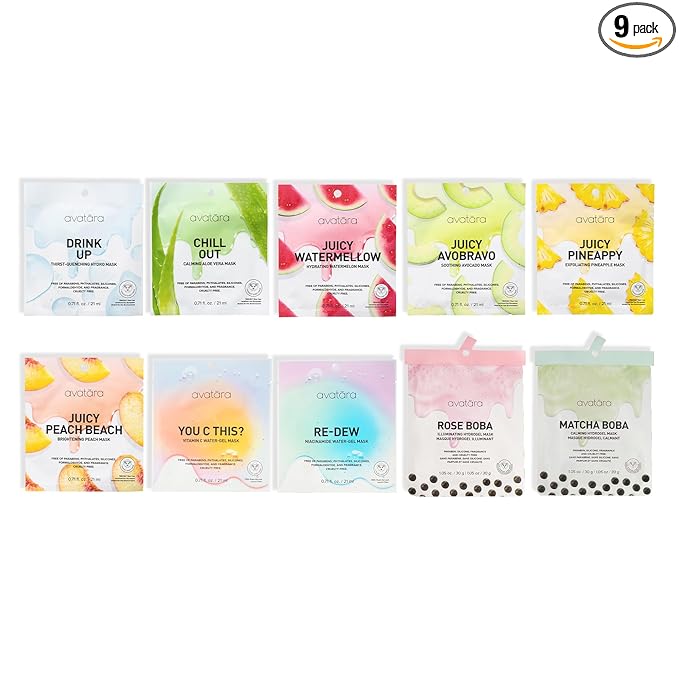 Avatara Sheet Mask Set, Facial Mask Variety Set of 10, Face Mask Skincare with Natural Extracts, Hydrating Face Mask Skin Care Set, Made with Tencel Fibers, All Skin Types, Teen Skincare, 10 Pack