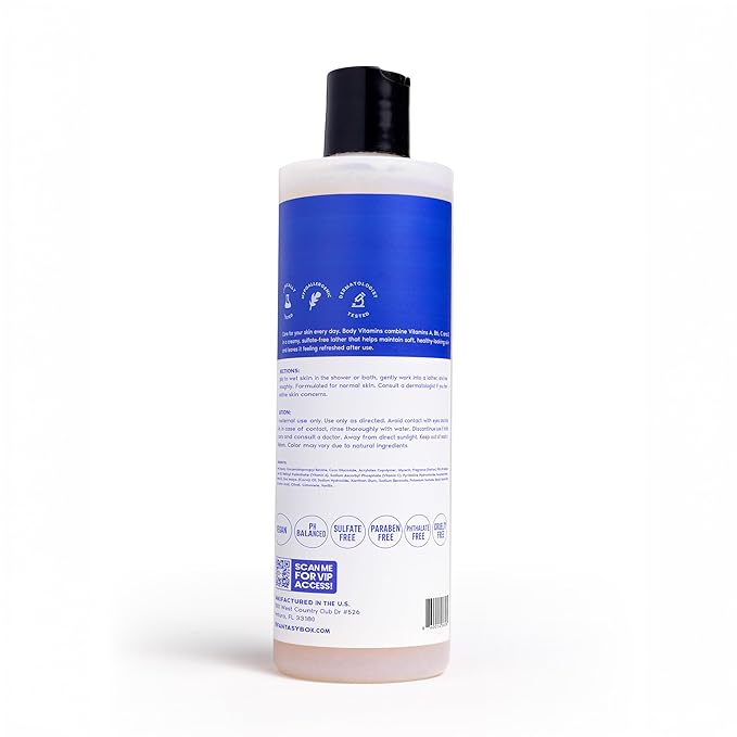 Her Fantasy Box | Body Vitamins Moisturizing Body Wash – Multi-Vitamin Cleanser with Vitamins A, B6, C & E, Hydrating & pH Balanced, Vegan & Cruelty Free, 16 oz