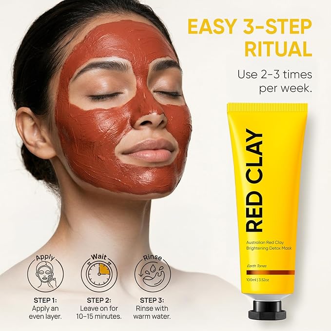 Australian Red Clay Face Mask, Mineral-Rich Detox Mud Mask with Kakadu Plum & Native Lime Extracts, Helps Support Smoother, Radiant-Looking Skin, Gentle Clay Mask for All Skin Types, 3.52 oz / 100 mL