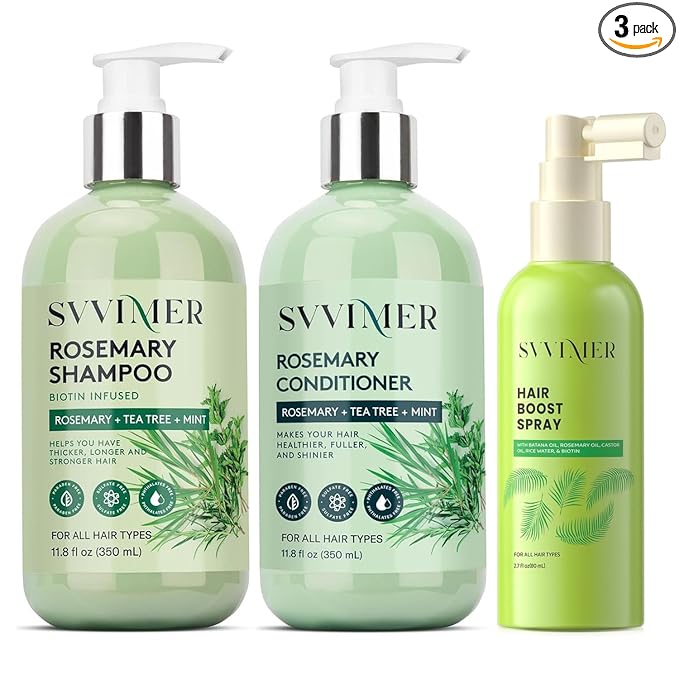 Svvimer Rosemary Shampoo and Conditioner Plus Hair Boost Spray Set - Hair Volumizing Thickening Products - 3 Products