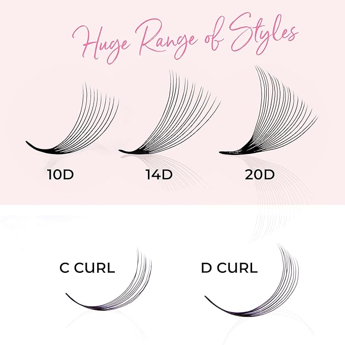 One V Salon, 500 Loose Professional Use Premade Fans Eyelash Extensions, C Curl Volume Lashes, 14D 20D 10D-0.07 Thickness, 9-16mm Fluffy Handmade Fan Mixed Tray