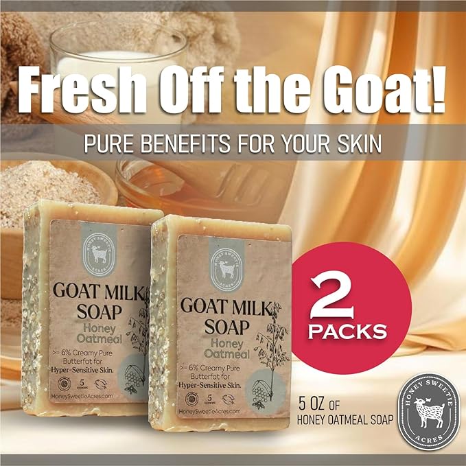 Honey Sweetie Acres 2-Pack Honey Oatmeal Goat Milk Soap - Handmade 5 oz Bar, Made with Natural Ingredients, Moisturizing & Gentle, Made in the USA