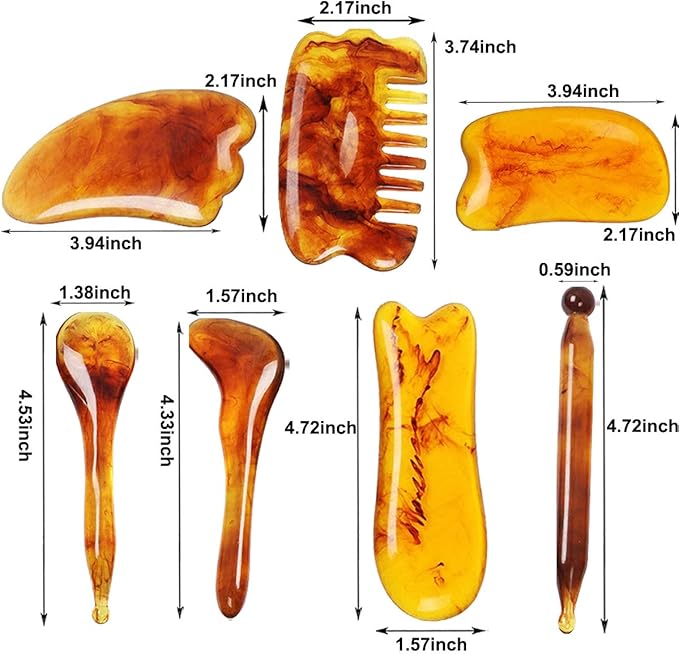 7 Pack Gua Sha Scraping Massage Facial Tools Kit, ResinGuasha Scraper Board Health Care Beauty Scrape Plate with Flax Bag for Face Body Leg Back Care Physical Acupuncture Deep Tissue Therapy (Amber)