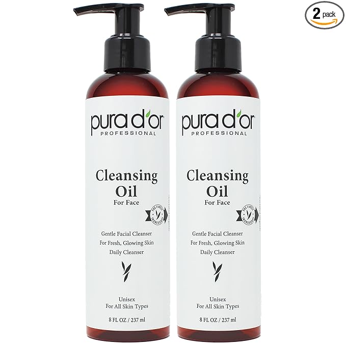 PURA D'OR Facial Cleansing Oil (8 Oz x2 = 16 Oz) Nourishing Botanical Blend with & Vitamin, Jojoba and Sunflower Oil - Gentle Makeup Remover & Deep Cleanser For Healthy, Glowing Skin - Paraben-Free