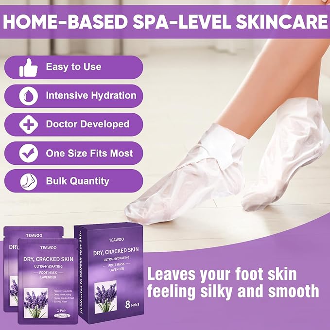 TEAWOO 16 Pairs Moisturizing Foot Masks with Lavender Oil & Jojoba Oil, Intensely Hydrating Foot Mask for Dry Cracked Feet, Moisturizing Socks for Cracked Heel Treatment