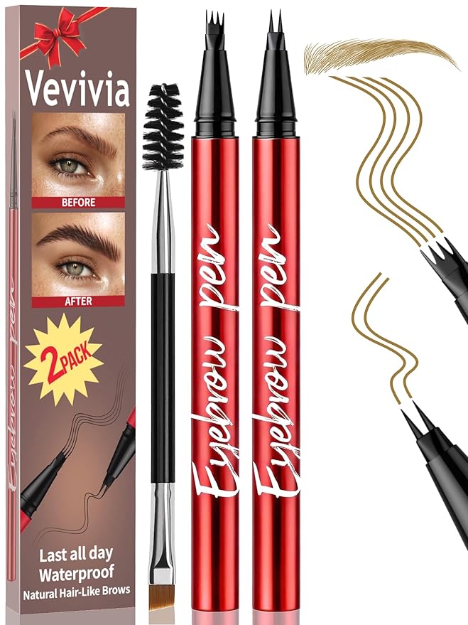 Vevivia 2 Pack Eyebrow Pen with Brush, 4 Tip&2 Tip Waterproof Eyebrow Pencils for Women, Microblading Eyebrow Pencils for All Brow Types to Create Hair-Like Brows, Non Dry Out, All-Day Wear,Brown