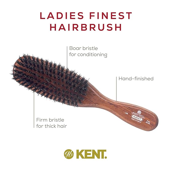 Kent LR6 Finest Dark Wood Styling Hair Brushes for Women - Natural Black Boar Bristle Hairbrush for Medium to Thick Hair of All Lengths - Dry Brush for Styling, Straightening, and Stimulating Oils