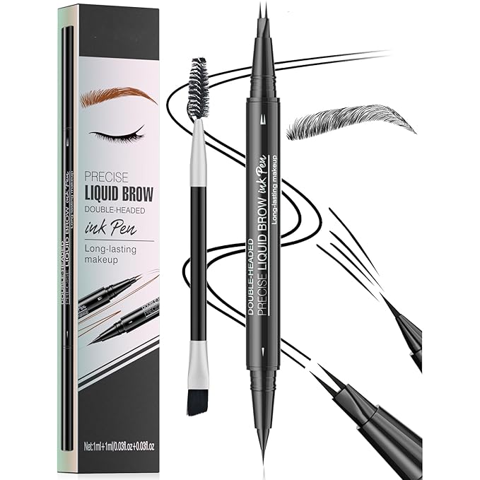Microblading Eyebrow Pen, 2 in 1 Dual Ended Eyebrow Pencil, Curved Eyebrow Pencil with Micro-Fork-Tip & Precise Brush-Tip, Waterproof and Last All Day for Natural Hair-Like Brows (05#BLACK)