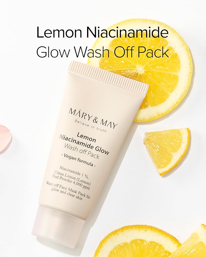 Mary&May Vegan Lemon Niacinamide Glow Wash off Pack 30g,Clean Pores, Sebum Control, Vitamin C, Lemon Peel, Clay Mask, Korean Facial Mask, 1.01oz.