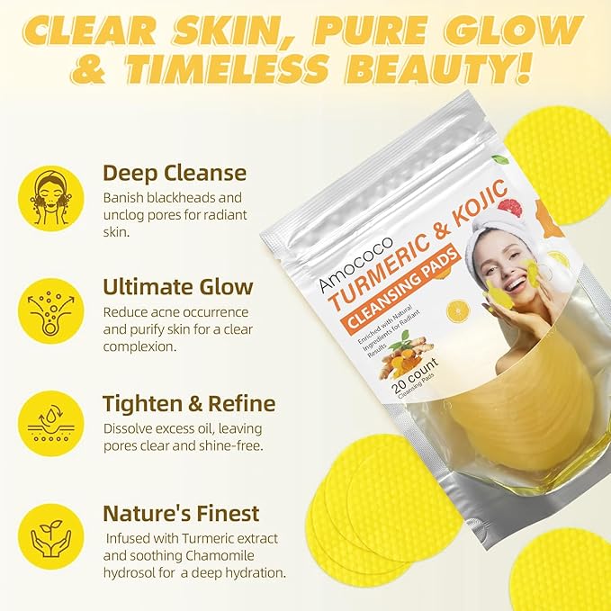 Turmeric Skincare, Vitamin C Body Wash with Cocoa Scrub & Kojic Acid Cleansing Face Pads, Daily Face & Body Cleanse Set, 16.9 fl oz & 20 Count