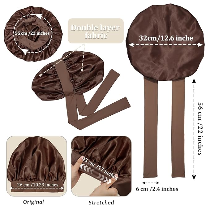 AWAYTR Satin Bonnet for Women, 2-Layer Large Sleep Cap with Adjustable Drawstring, Brown Includes 3 Hair Scrunchies