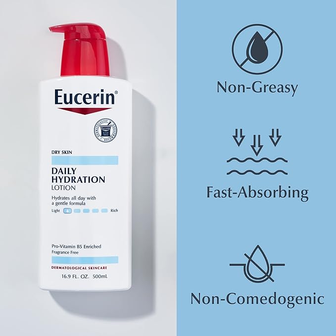 Eucerin Daily Hydration Body Lotion for Dry Skin, Unscented Body Moisturizer with Sunflower Oil and Pro-Vitamin B5, 16.9 Fl Oz Bottle, Pack of 3