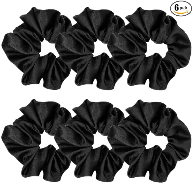 6 Pcs Silk Scrunchies, Soft Hair Ties, Fashion Hair Bands, Bow Ropes, Elastic Ponytail Holders, Hair Accessories for Women and Girls (4.3 inch, Black)