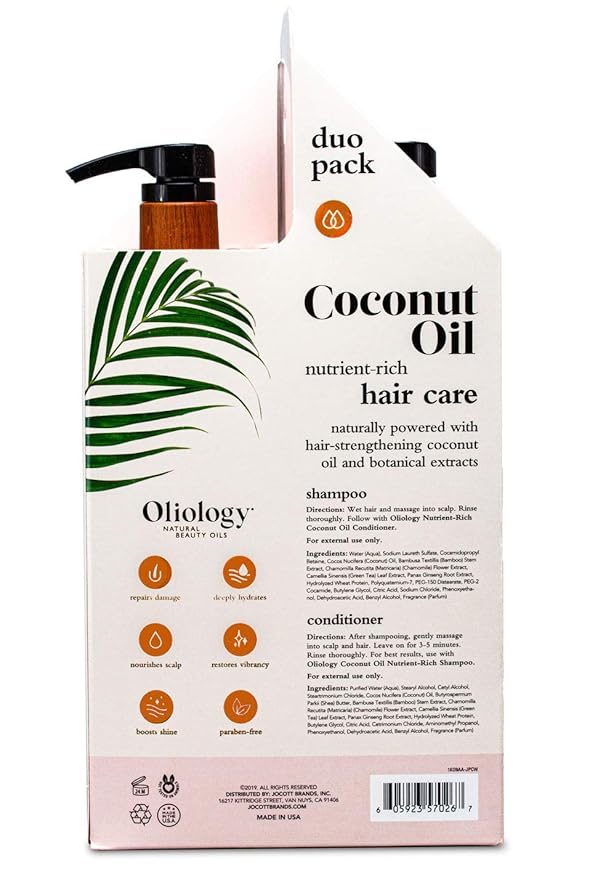 Oliology Nutrient Rich Coconut Oil Shampoo & Conditioner Combo Pack - Helps Restore Damaged Hair | Provides Intense Shine | Moisturizing | & Paraben Free (32oz)