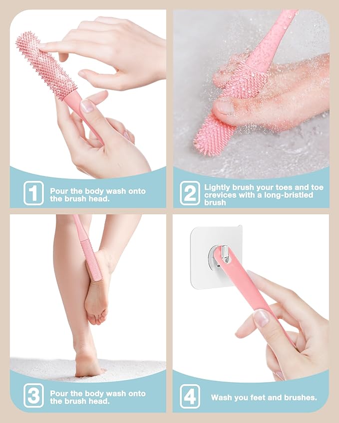 4Pcs Toe Cleaning Brush,Foot Scrubber for Shower with 15.7" Long Handle Soft Silicone Cleaning Shower Brush Foot Care for Seniors,Elderly, Men and Women (2 Sets)