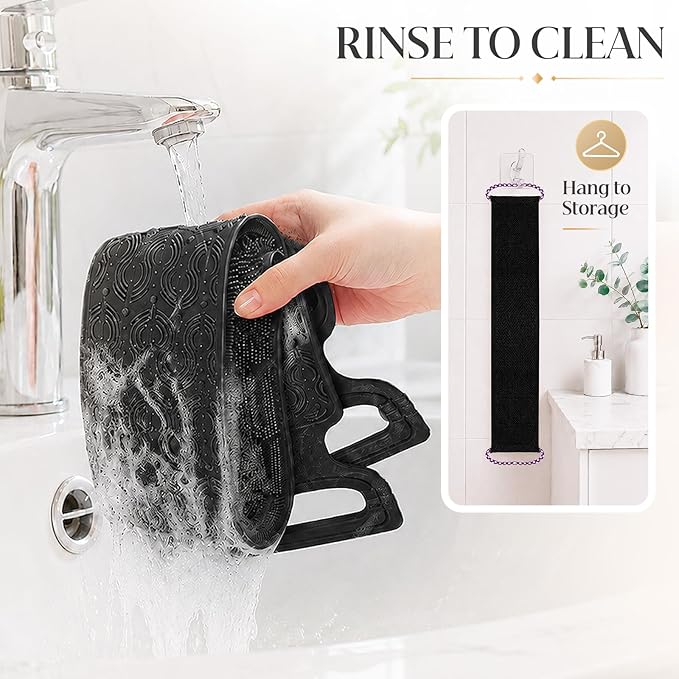 Manmihealth Silicone Back Scrubber for Shower & African Bath Sponge Set, Upgrade 33.8'' Long Silicone Back Brush & Exfoliating Net Sponge Combination, Dual-Sided Use Shower Loofah(Black+Black)