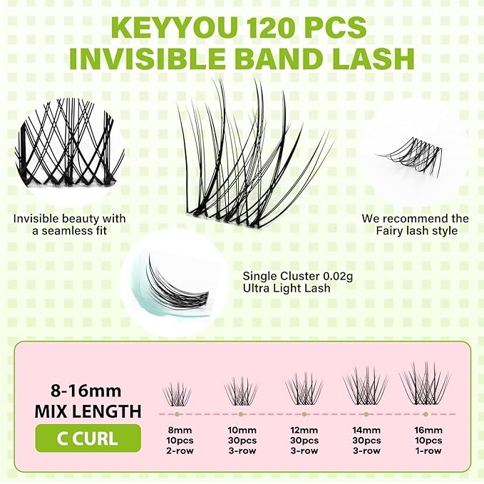 KEYYOU Lisbon Lash Clusters Fairy Eyelash Extension C Curl 96Pcs Eyelash Extension Wispy Natural Invisible Band Lash with Waterproof DIY Lash Extension at Home(Lisbon-C-8-16MIX)