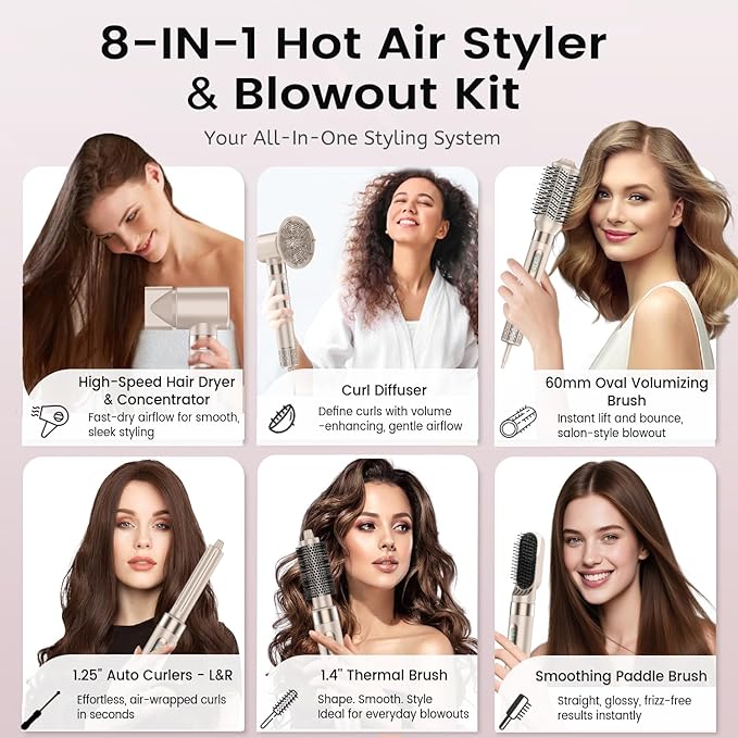 8-in-1 Hot Air Styler & Hair Dryer Brush Set, 110,000 RPM High-Speed Ionic Multi-Styler with Auto-Wrap Curlers, Diffuser, Volumizing & Thermal Brush for Fast Drying and a Smooth, Shiny Finish