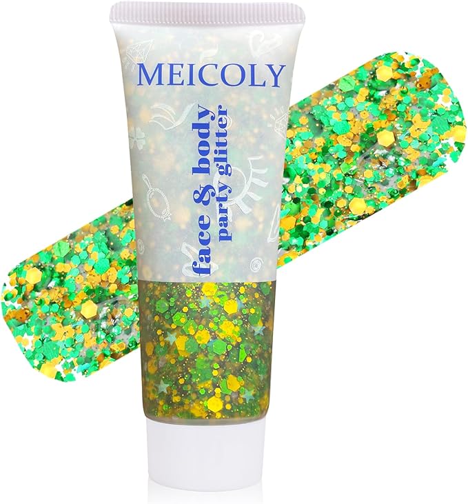MEICOLY Gold and Green Face Glitter,St Patricks Day Accessories,Gold Hair Sparkle Self-Adhesive Halloween Body Glitter Makeup for Mardi Gras Carnival Irish Festival Party