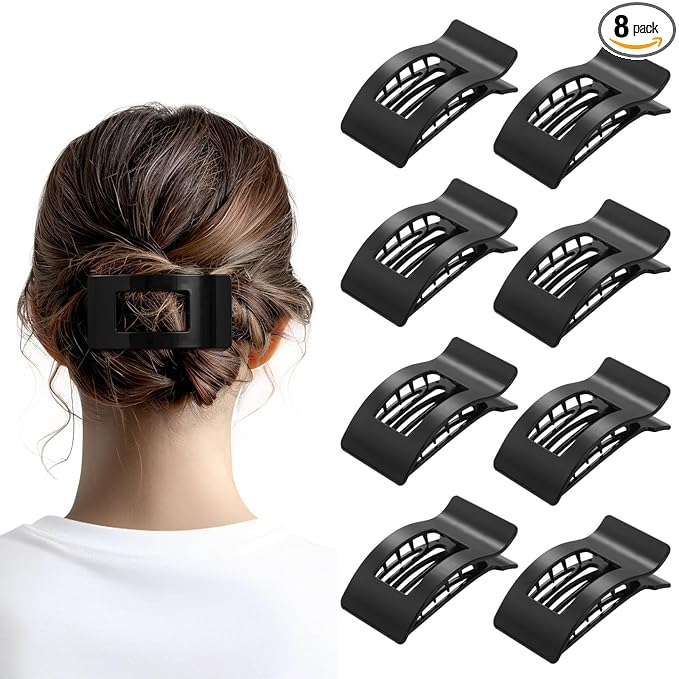 8 Pack French Flat Hair Clips for Women – Large Matte No-Slip Claw Barrettes for Thick & Thin Hair, Strong Hold Styling Accessories (Glossy Black)