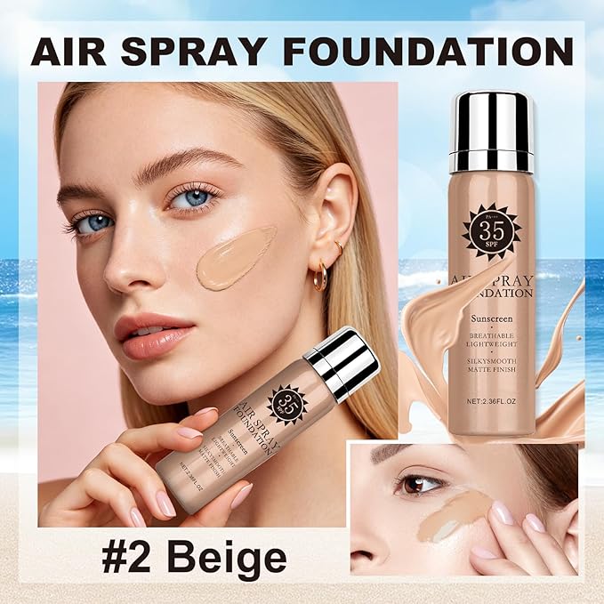 AirBrush Foundation Spray With Primer and Brush, Silky Mist Foundation Spray Makeup, Full Coverage Foundation for Smooth Radiant Finish, Formula Breathable Lightweight Hydrating (#2 Sunscreen Beige)