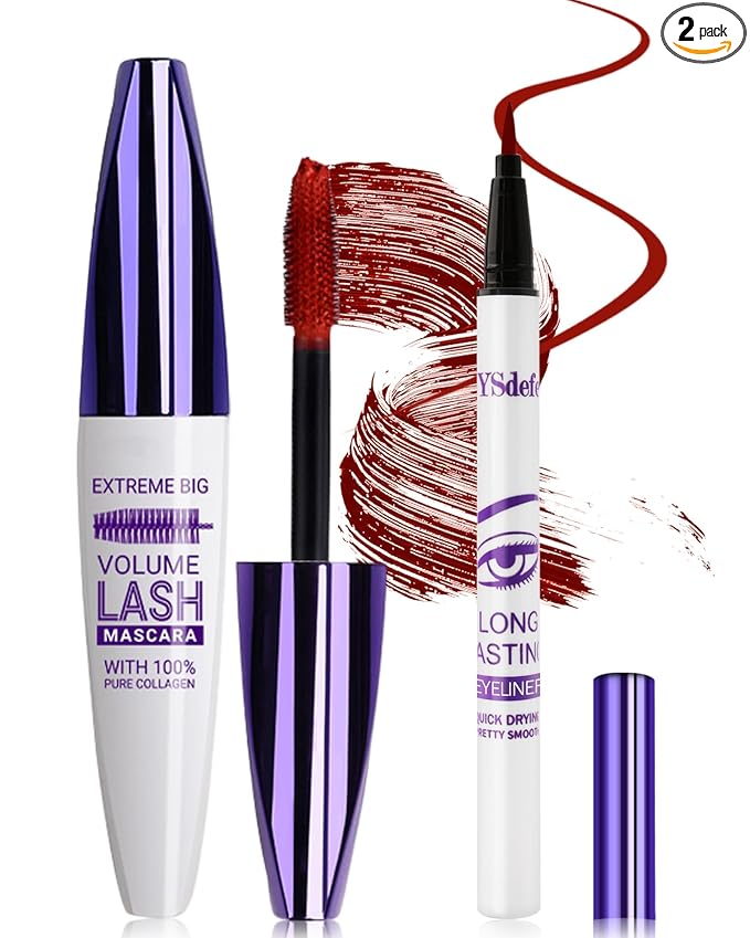 Red Mascara Liquid Eyeliner Set, Update Longlasting Waterproof Color Eye Liner Pen, 5D Silk Fiber Colored Mascara Volume and Length, Christmas Party Stage Use Eye Makeup Gift Kit for Women Girl-07