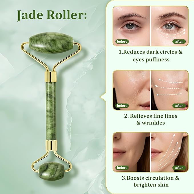 Jade Roller & Gua Sha Set - Natural Jade Face Roller Facial Massage Skincare Tools for Women,Reduce Puffiness and Fine Lines (Forest Green)