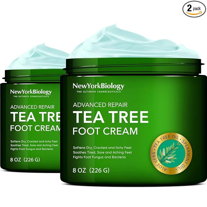 New York Biology Tea Tree Oil Foot Cream for Dry Cracked Feet, Athletes Foot, Nail Fungus, Jock Itch, Ringworm, Cracked Heels and Itchy Skin - Foot Cream - 8 oz - Pack of 2