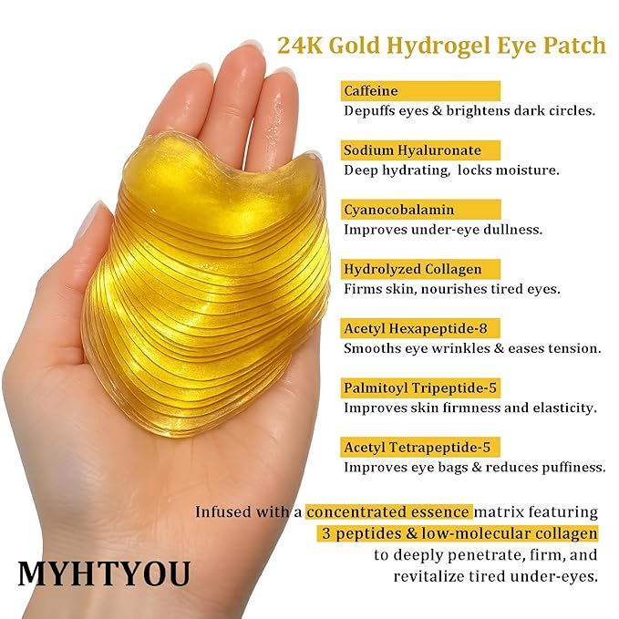 24K Gold Under Eye Patches (60 Pcs) - Collagen & Peptide Eye Masks for Dark Circles, Puffy Eyes & Wrinkles, Hydrating Cooling Eye Patches with Caffeine & Hyaluronic Acid, Suitable for Men & Women