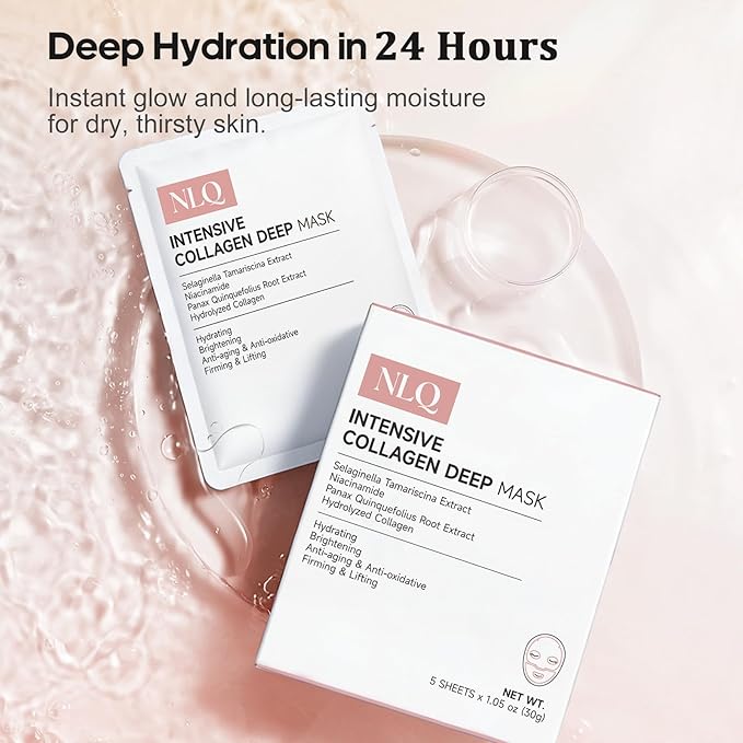 NLQ Intensive Collagen Deep Mask Skincare, Hydrating Overnight Face Mask for Glass Skin, Pore Refining, Firming & Plumping, Travel Essentials and Beauty Care Gifts for Women | 1.05oz(30g) x 5ea