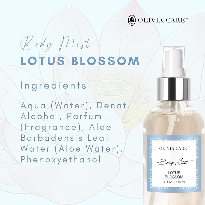 Olivia Care Body Mist Spray Made with Natural Lotus Blossom Fragrance Scent - Refreshing, Soothing & Cooling- Eliminate Odor with Fresh Aroma