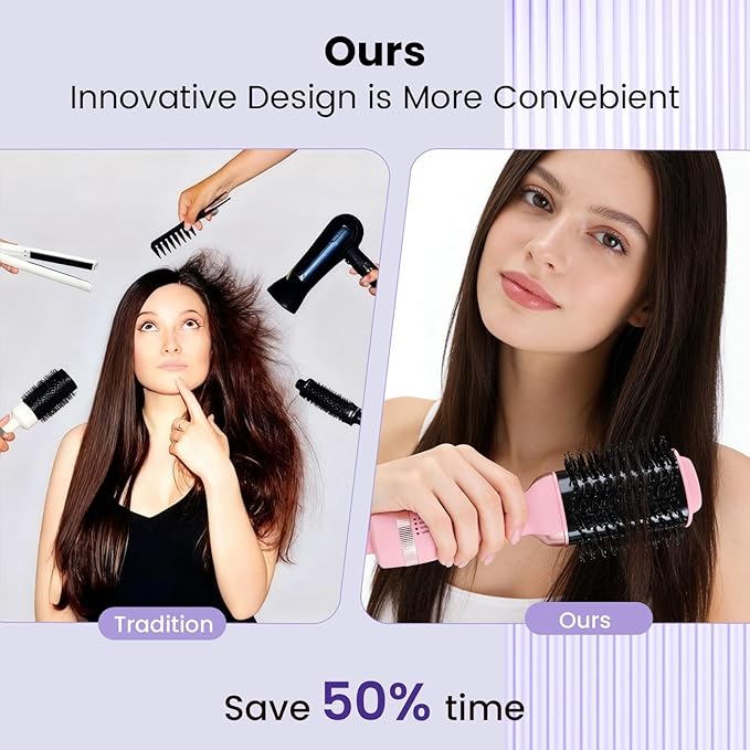 4-in-1 Hair Dryer Brush, Ionic Ceramic Titanium Hot Air Styler with ALCI Safety Plug, 3 Heat Settings for Frizz-Free Blowouts, Salon Volumizer and Straightener (Pink)