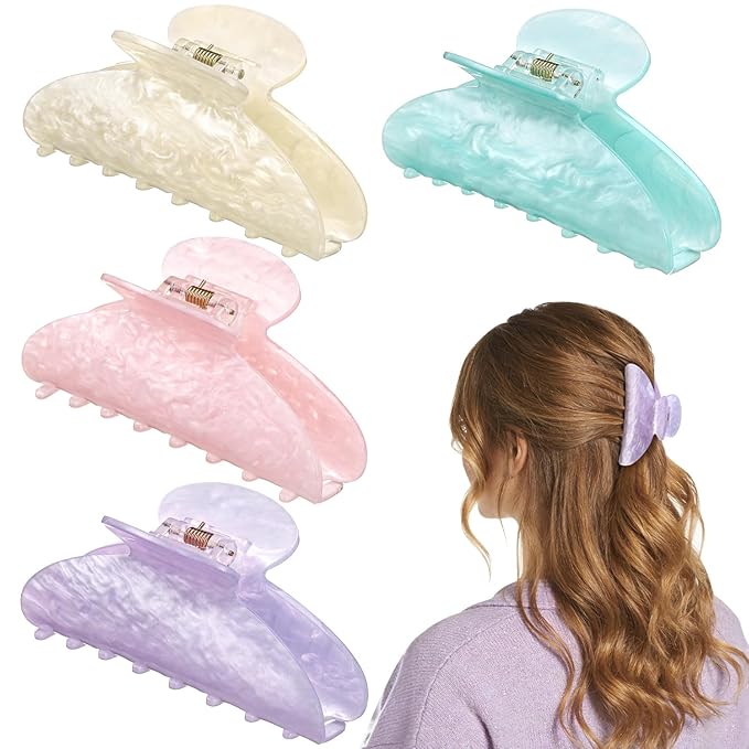4.2 Inch Large Acrylic Claw Clips, Cute Green Beige Pink Purple Hair Claw Strong Hold Hair Clips Barrettes for Thick Thin Hair, 4 Pack Stylish French Hair Accessories for Women Girls