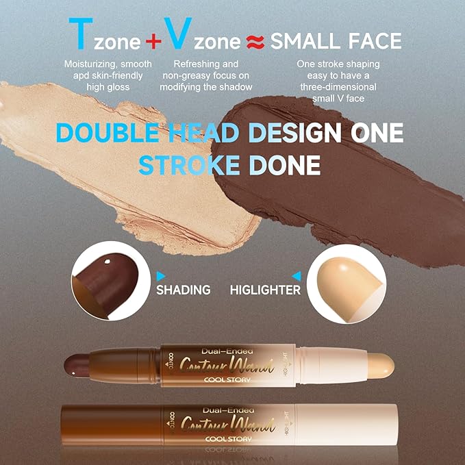 2-in-1 Contour & Highlight Stick Cream Waterproof Contour Stick, Buildable Formula for Natural Definition and Sculpting, Flawless Cheeks, Jawlines, and Nose Contours(Rich)