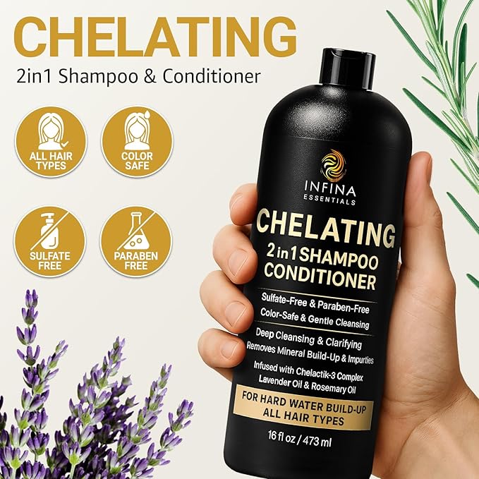 INFINA ESSENTIALS Hard Water Shampoo and Conditioner 2-in-1 | Chelating Cleanser for Mineral Buildup Removal | Sulfate-Free, Color Safe | Chelactik-3 Complex, Rosemary Oil & Vitamin E | 16 fl oz